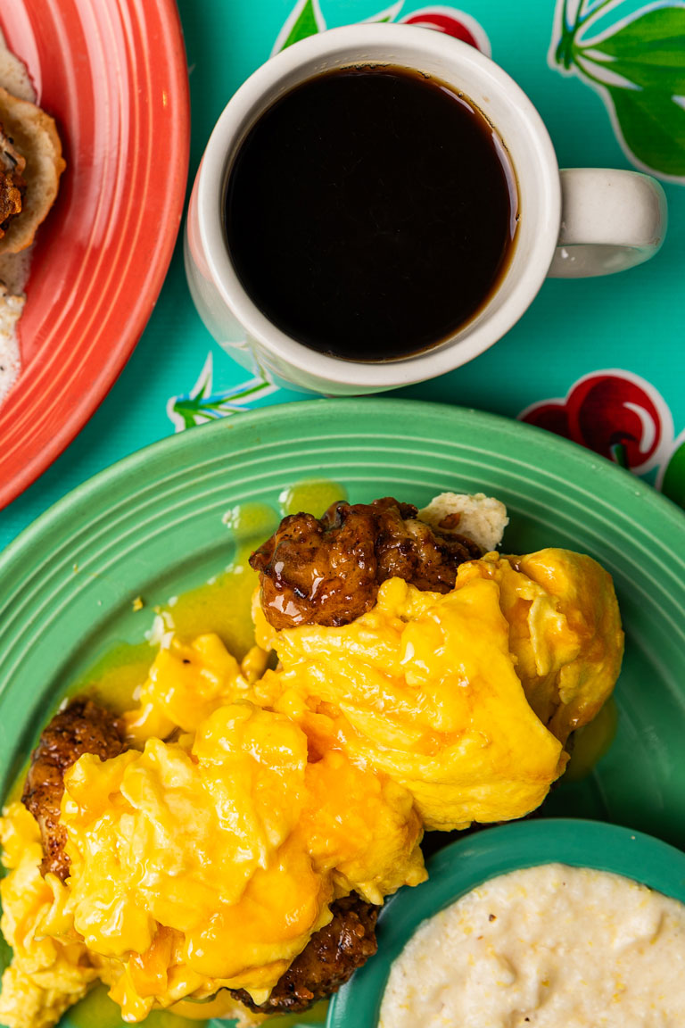 Chicken Egg and Cheese Biscuit with Creamy Grits and Coffee