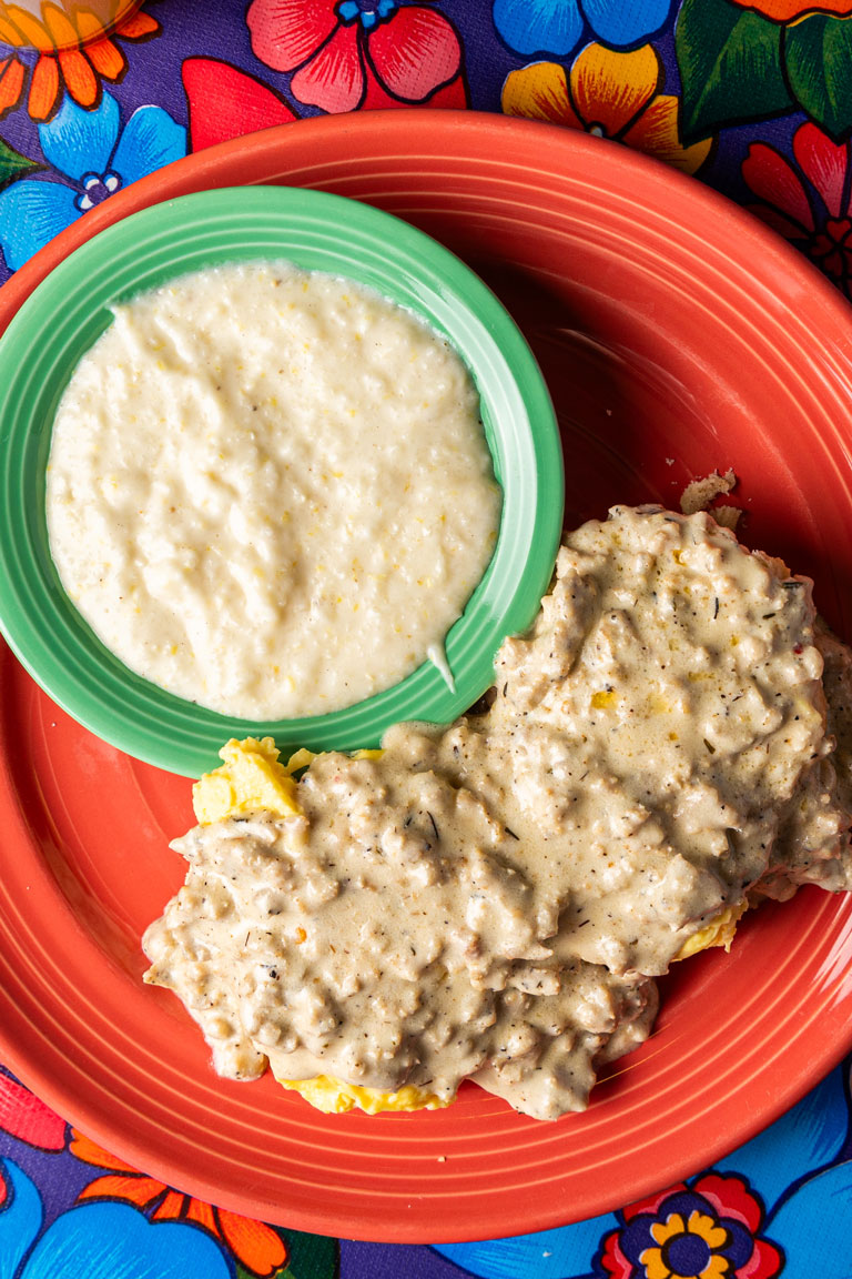 Biscuit and Gravy with Creamy Dreamy Grits