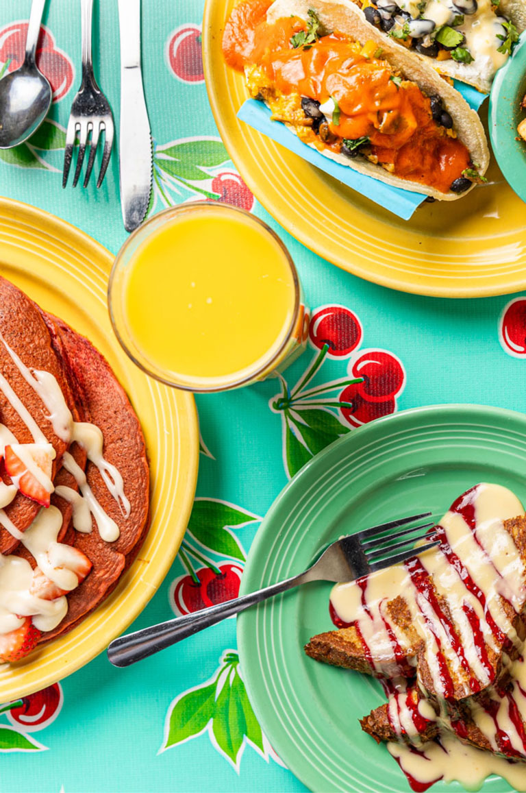 Overhead Shot of French Toast, Red Velvet Pancakes and Breakfast Tacos