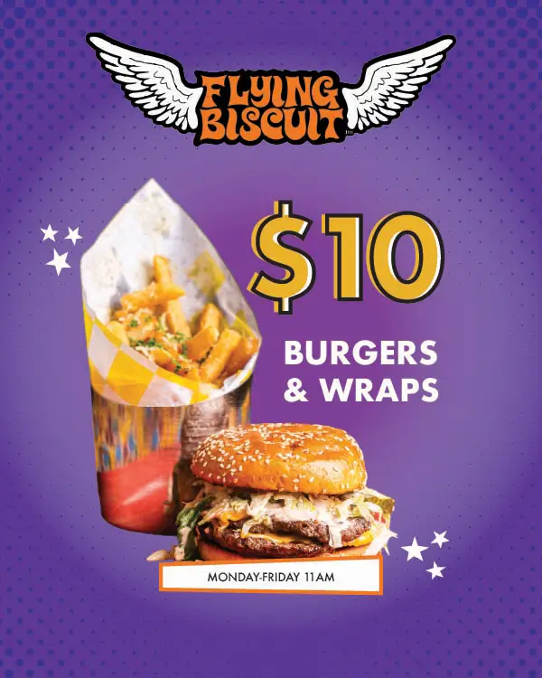 $10 burgers and wraps at Flying Biscuit Café, featuring a cheeseburger and seasoned fries. Available Monday through Friday from 11 AM to 2 PM.